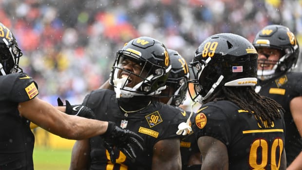 Commanders running back Brian Robinson Jr. celebrates after scoring a touchdown in his team’s win over the Falcons in Week 12.